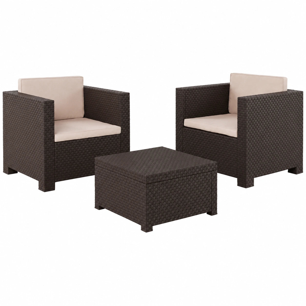 Conjunto de Muebles de Jardín Diva Tete a Tete en Wengué - Incluye 2 Sillones y Mesa de Centro con Almacenaje - Hecho en España con Plástico Reciclado