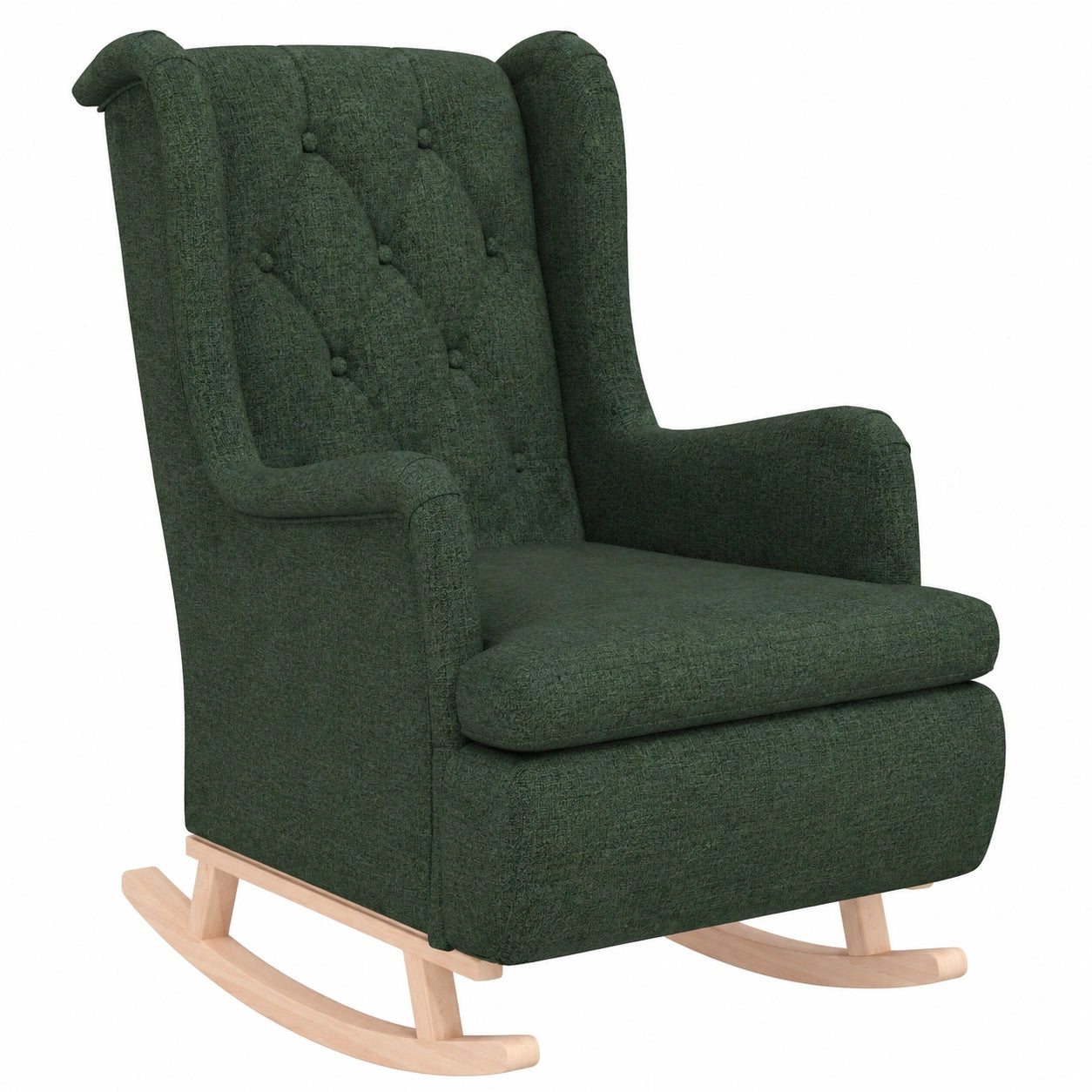 Sillón Mecedora Individual de Tela Verde Oscuro con Patas de Madera