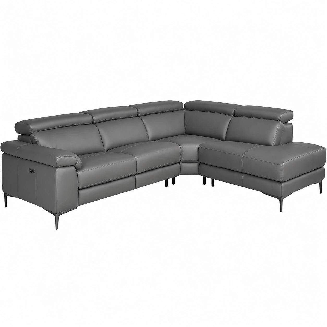 Sofá Esquinero de Piel Gris con Reposacabezas Ajustables - Diseño Moderno con Patas de Acero Negro - 295x232x97 cm