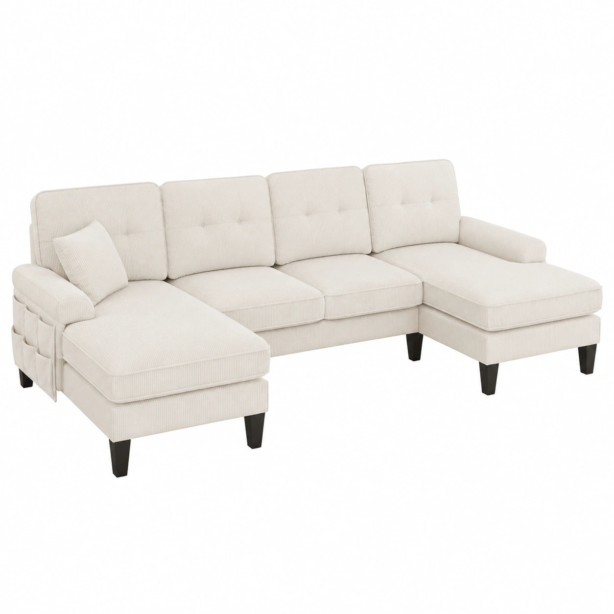 Sofá en U moderno con chaise longue doble y puerto USB, 4 plazas, beige, terciopelo