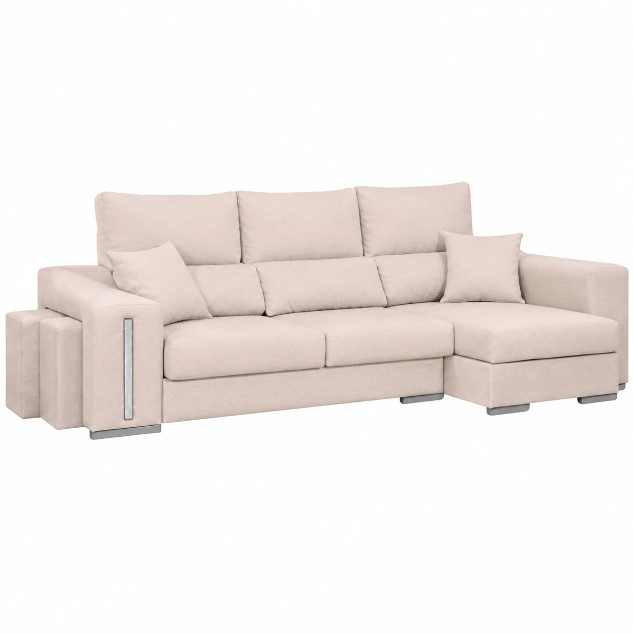 Sofá Chaise Longue 3 Plazas con Arcón y Puffs Beige 263 cm