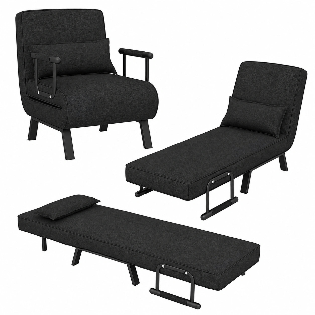 Sofá Cama Convertible 4 en 1 con Respaldo Ajustable y Almohada Extraíble, Carga 150kg, Negro