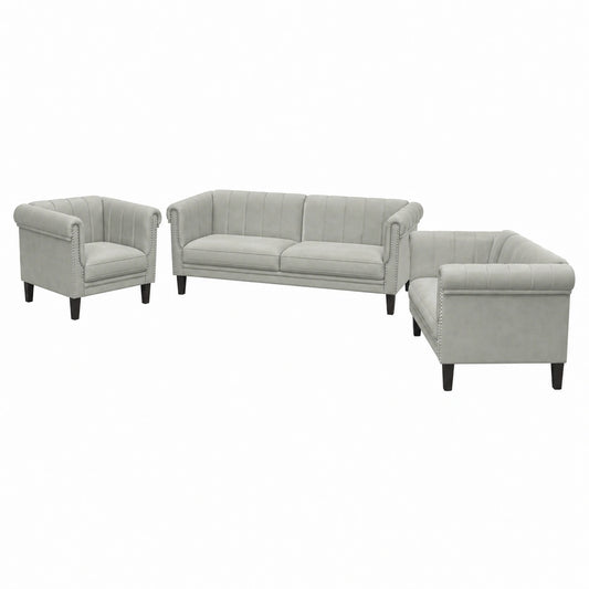 Sofás de Terciopelo Gris Claro de 3 Piezas, Modelo Moderno para Salón y Exterior