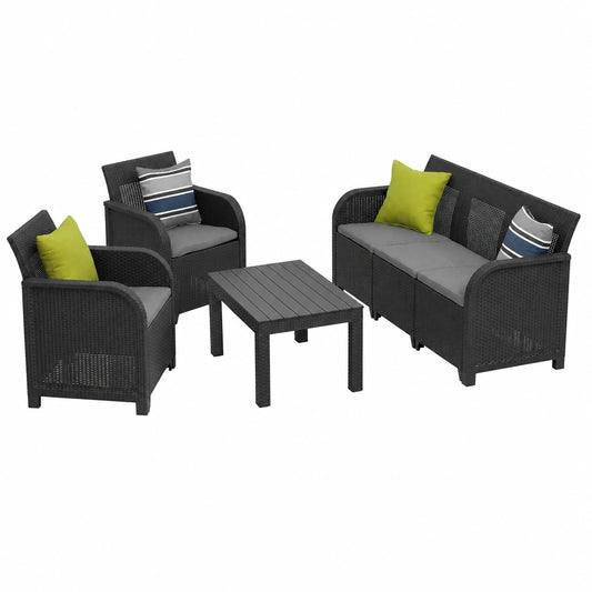 Keter - Set de Muebles de Jardín Sanremo: 2 Sillones, Sofá 3 Plazas y Mesa Auxiliar en Resina Efecto Ratán