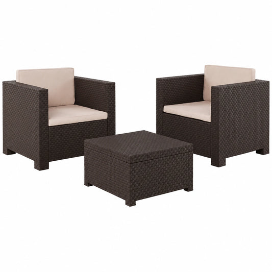 Conjunto de Muebles de Jardín Diva Tete a Tete en Wengué - Incluye 2 Sillones y Mesa de Centro con Almacenaje - Hecho en España con Plástico Reciclado