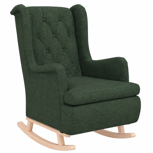 Sillón Mecedora Individual de Tela Verde Oscuro con Patas de Madera
