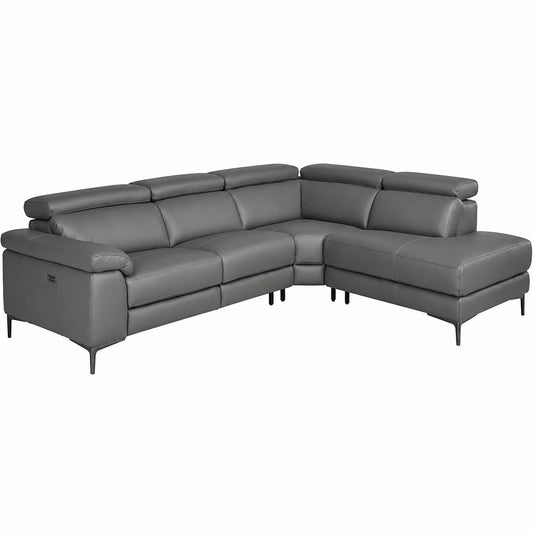 Sofá Esquinero de Piel Gris con Reposacabezas Ajustables - Diseño Moderno con Patas de Acero Negro - 295x232x97 cm