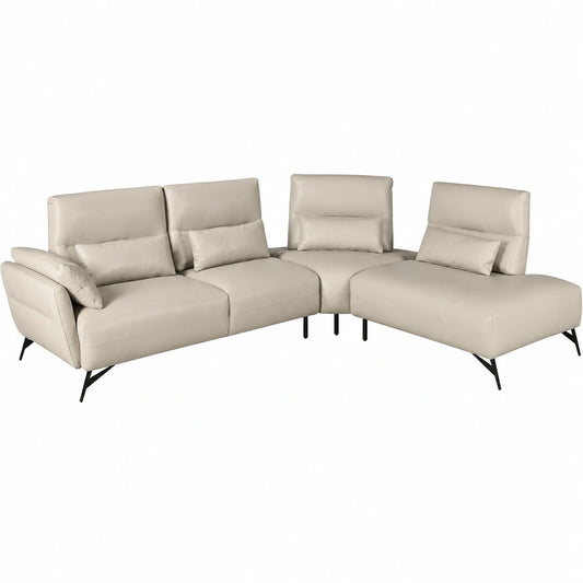 Sofá Chaise Longue 5 Plazas Moderno con Cojines, Madera Maciza y Patas de Acero, Color Arena