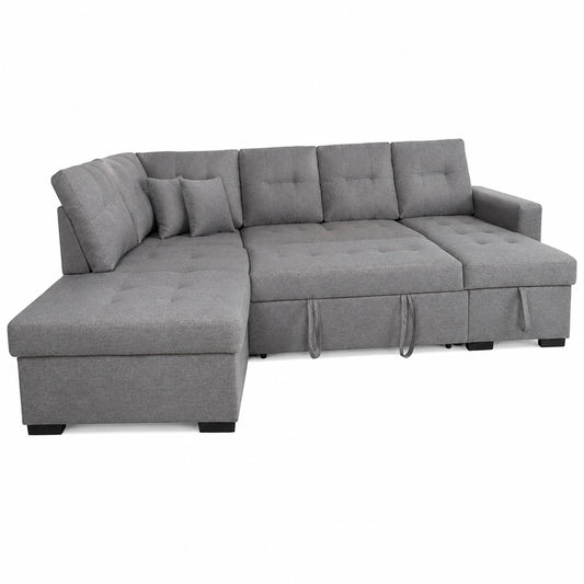 Sofá Cama en U con Chaise Longue Izquierdo y Arcón, Modelo Vento, Diseño Moderno y Funcional, Incluye Cojines Decorativos, Gris