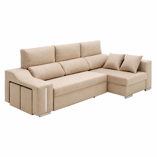Sofá Cama Chaise Longue con Almacenaje y Puff Beige Lado Derecho