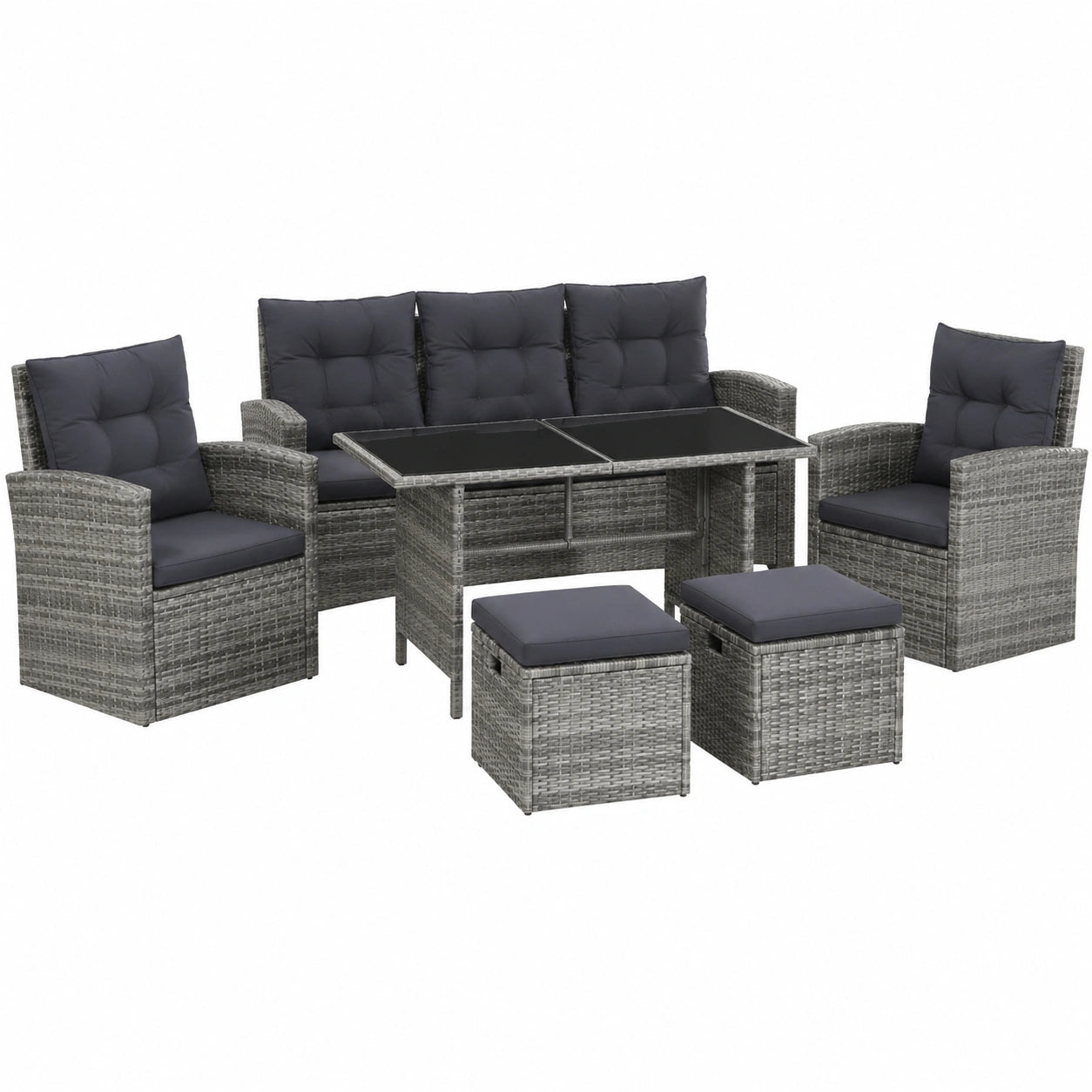 Conjunto de Jardín de Ratán Sintético de 6 Piezas con Sofá, Sillones y Mesa Gris