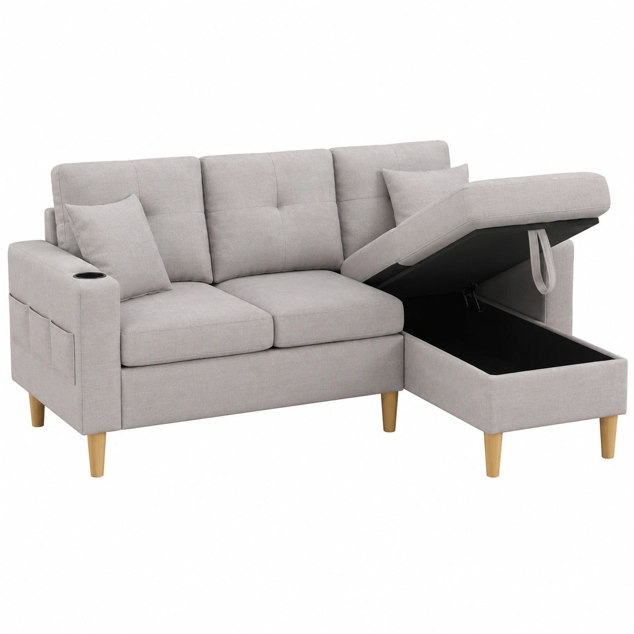 Sofá esquinero modular de 3 plazas en L, con chaise longue y almacenamiento, portavasos integrado, cojines incluidos, tela de algodón y lino, ideal para salón