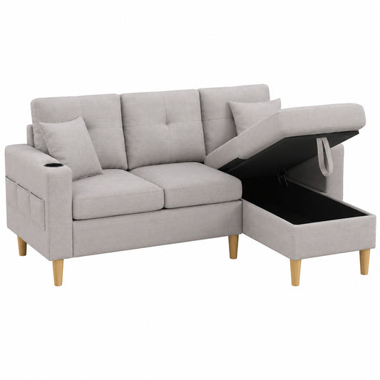 Sofá esquinero modular de 3 plazas en L, con chaise longue y almacenamiento, portavasos integrado, cojines incluidos, tela de algodón y lino, ideal para salón