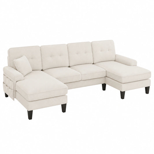 Sofá en U moderno con chaise longue doble y puerto USB, 4 plazas, beige, terciopelo