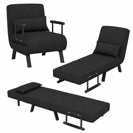 Sofá Cama Convertible 4 en 1 con Respaldo Ajustable y Almohada Extraíble, Carga 150kg, Negro